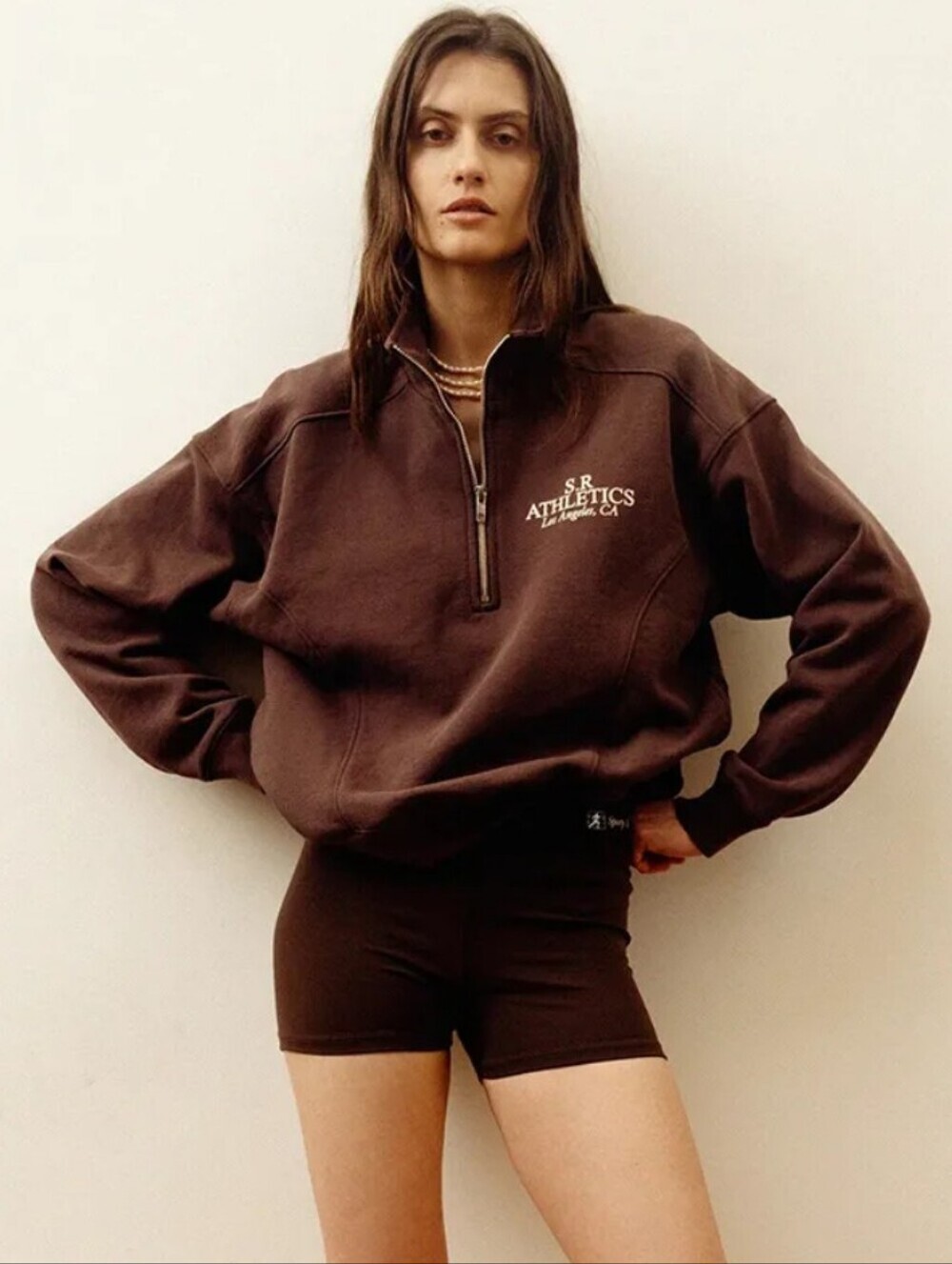 Sporty & Rich Athletics Collared Quarter-Zip Pullover in Dark Brown - L